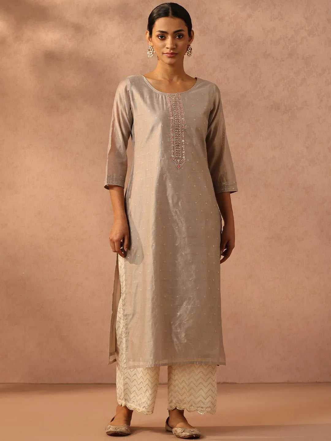 Grey Embroidered Chanderi Silk Straight Kurta - Jashvi