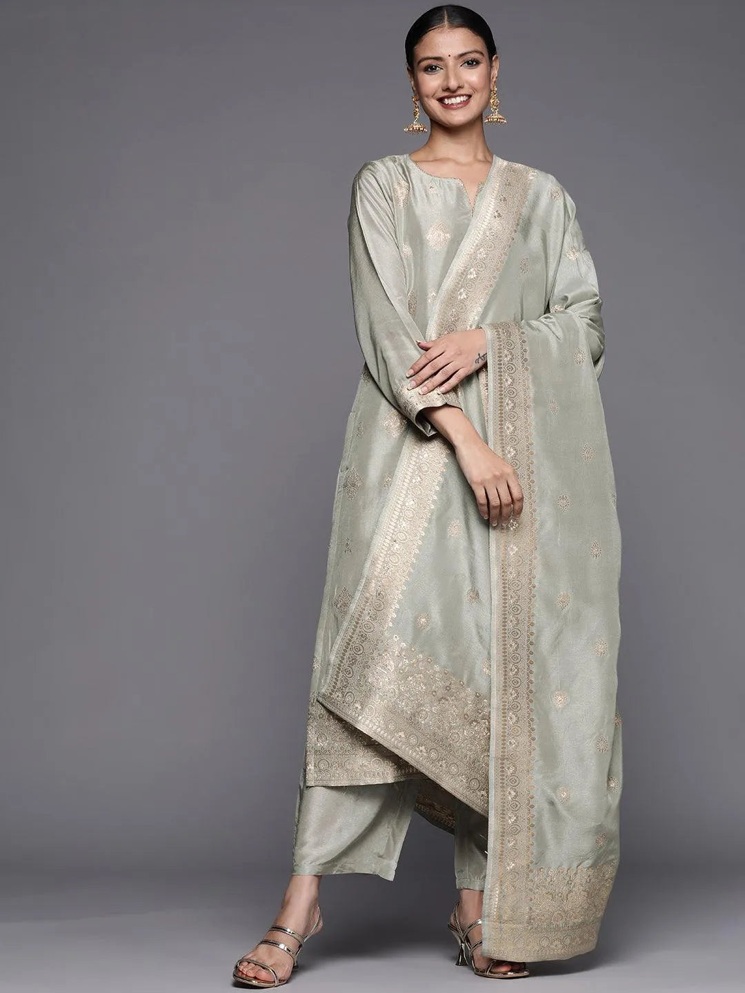 Grey Self Design Chanderi Silk Straight Suit Set - Jashvi