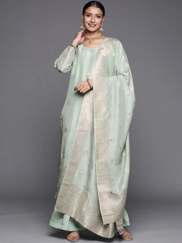 Grey Self Design Chanderi Silk Straight Suit Set - Jashvi