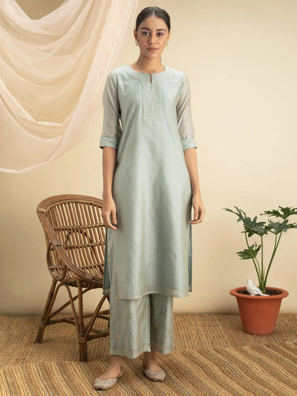 Grey Self Design Chanderi Silk Kurta Set - Jashvi