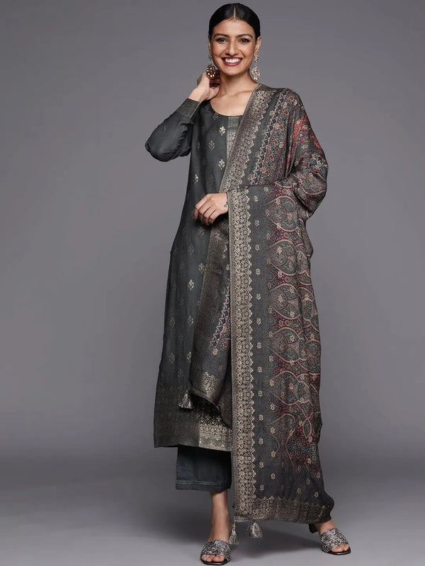 Grey Self Design Pashmina Wool Straight Suit Set - Jashvi