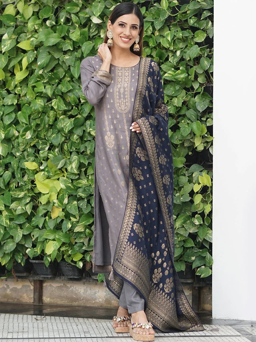 Grey Self Design Pashmina Wool Straight Suit Set - Jashvi