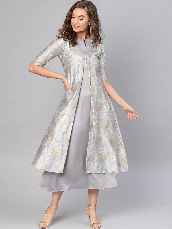 Grey Self Design Polyester Dress With Jacket - Jashvi