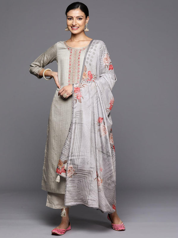 Grey Self Design Rayon Straight Kurta With Trousers & Dupatta - Jashvi