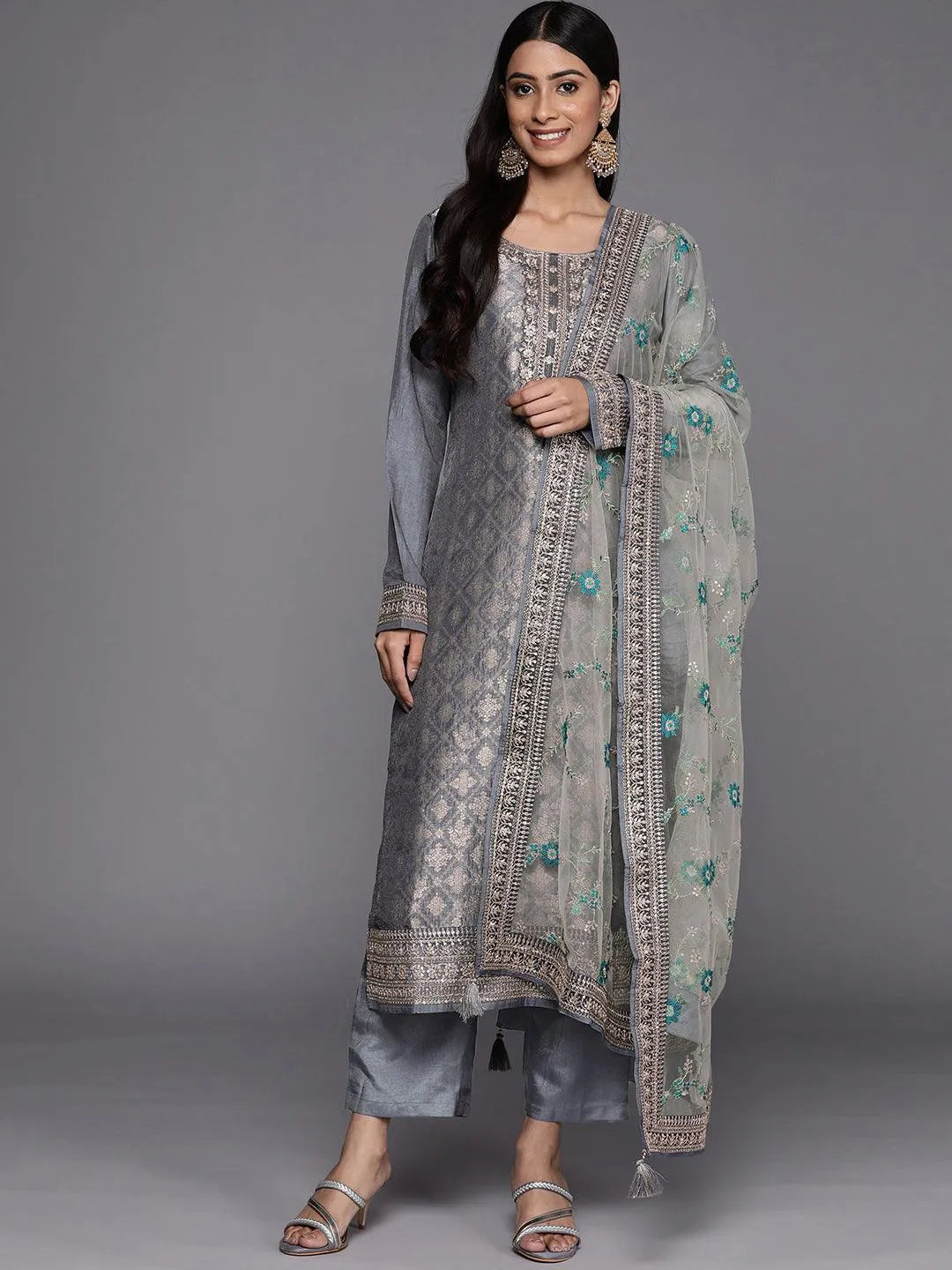 Grey Self Design Silk Blend Straight Suit Set - Jashvi