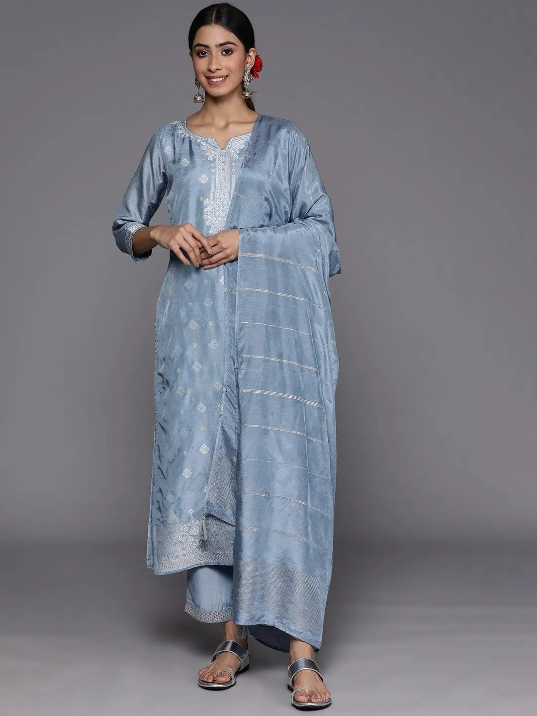 Grey Self Design Silk Blend Suit Set With Trousers - Jashvi