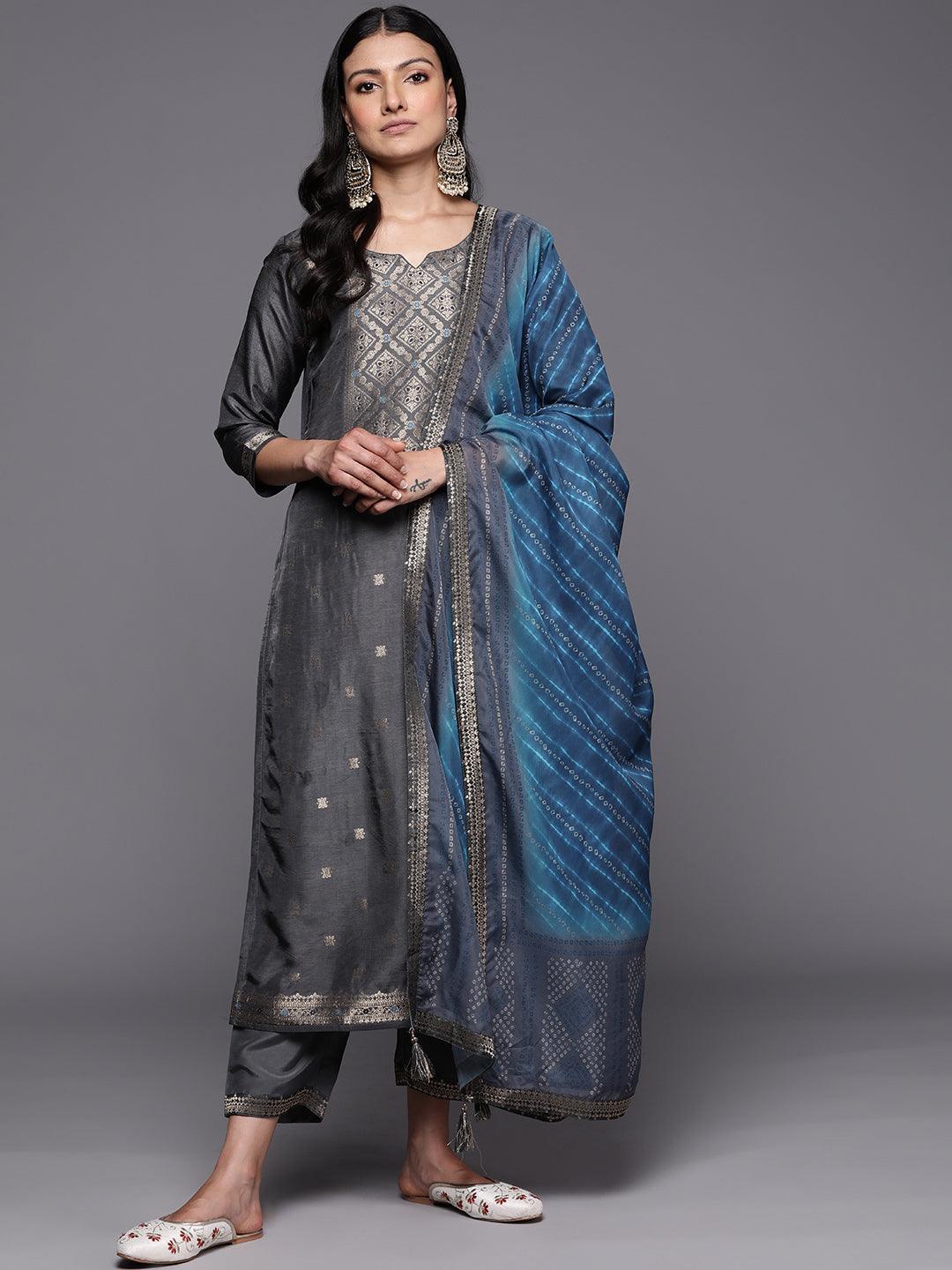 Grey Self Design Silk Blend Straight Suit Set With Trousers - Jashvi