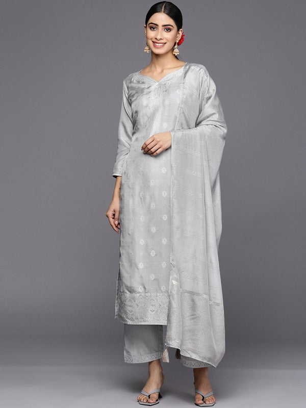 Grey Self Design Silk Blend Straight Suit Set With Trousers - Jashvi