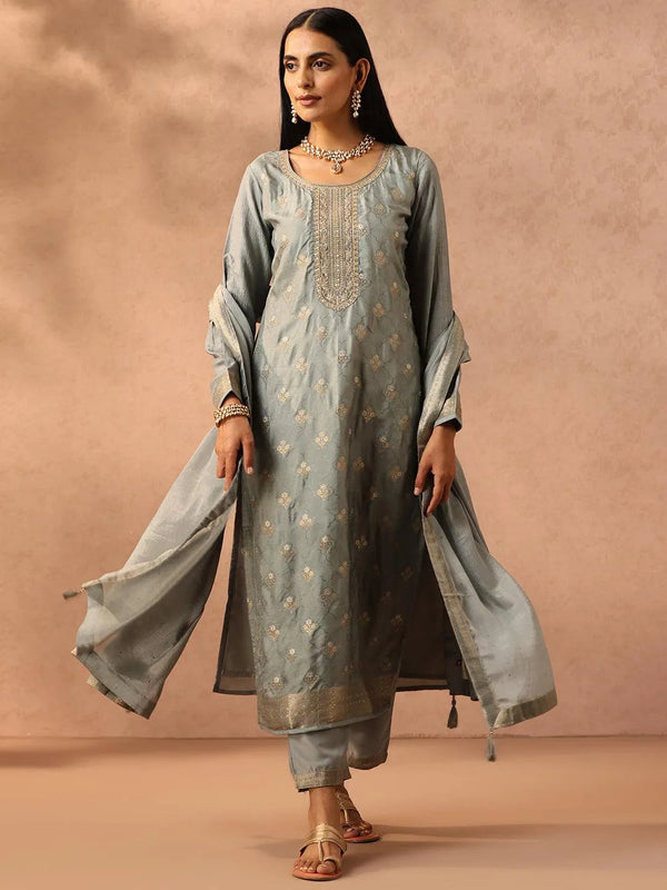 Grey Self Design Silk Blend Suit Set With Trousers - Jashvi