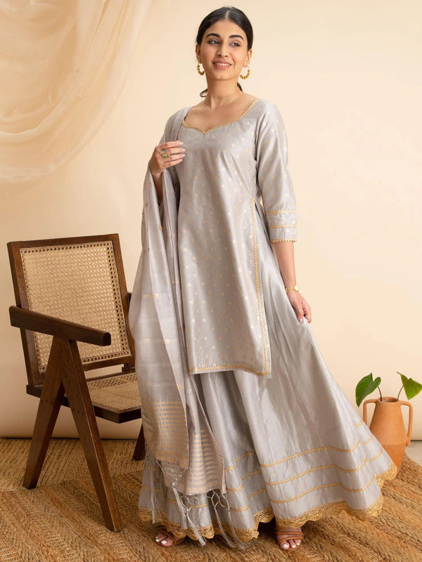 Grey Self Design Silk Suit Set - Jashvi