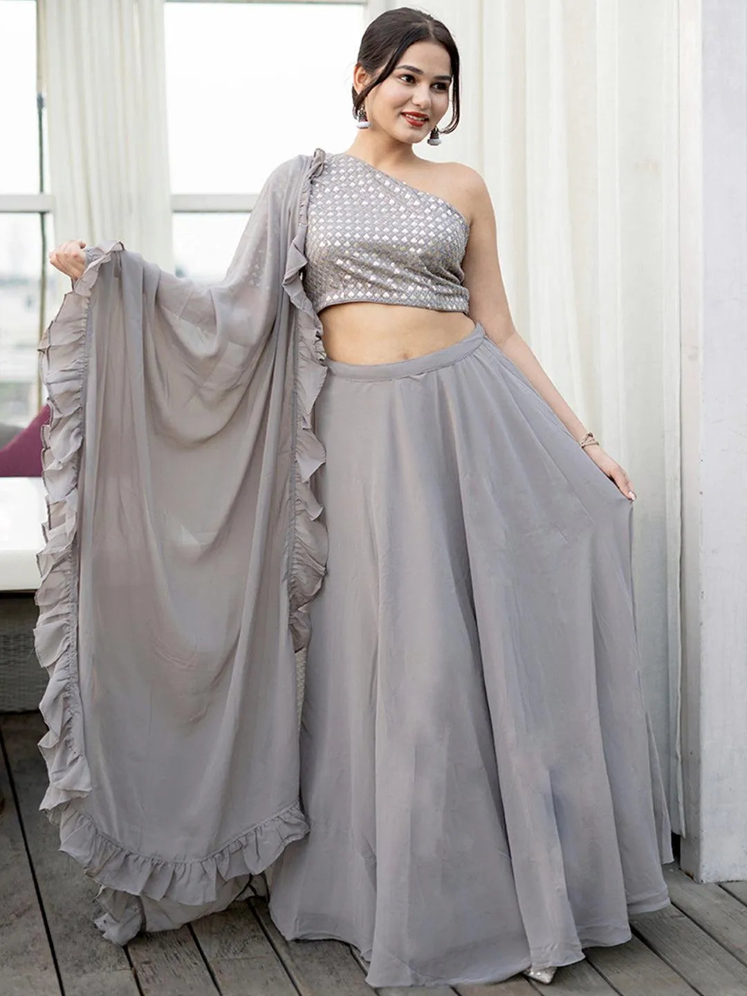 Grey Sequinned Georgette Lehenga Set With Potli - Jashvi