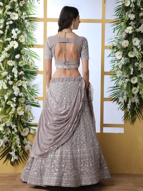 Women's Grey Sequins Georgette Lehenga Set - Odette