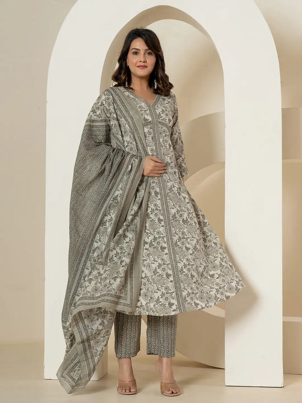 Grey Sequins_Work Pure Cotton Anarkali Kurta And Dupatta Set