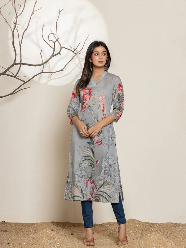 Grey Silk Blend Digital Floral Print Kurta-Indiakreations-JS6999KURGYS