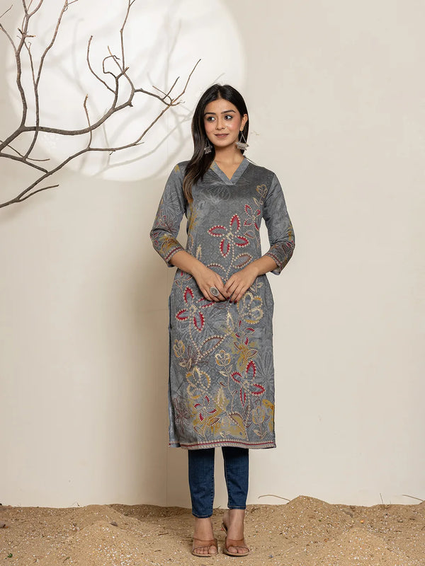 Grey Silk Blend Digital Print Kurta-Indiakreations-JS7000KURGYS