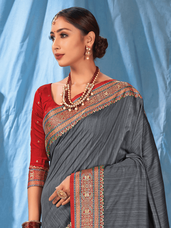 Women's Grey Silk Heavy Wevon Designer Saree - Odette