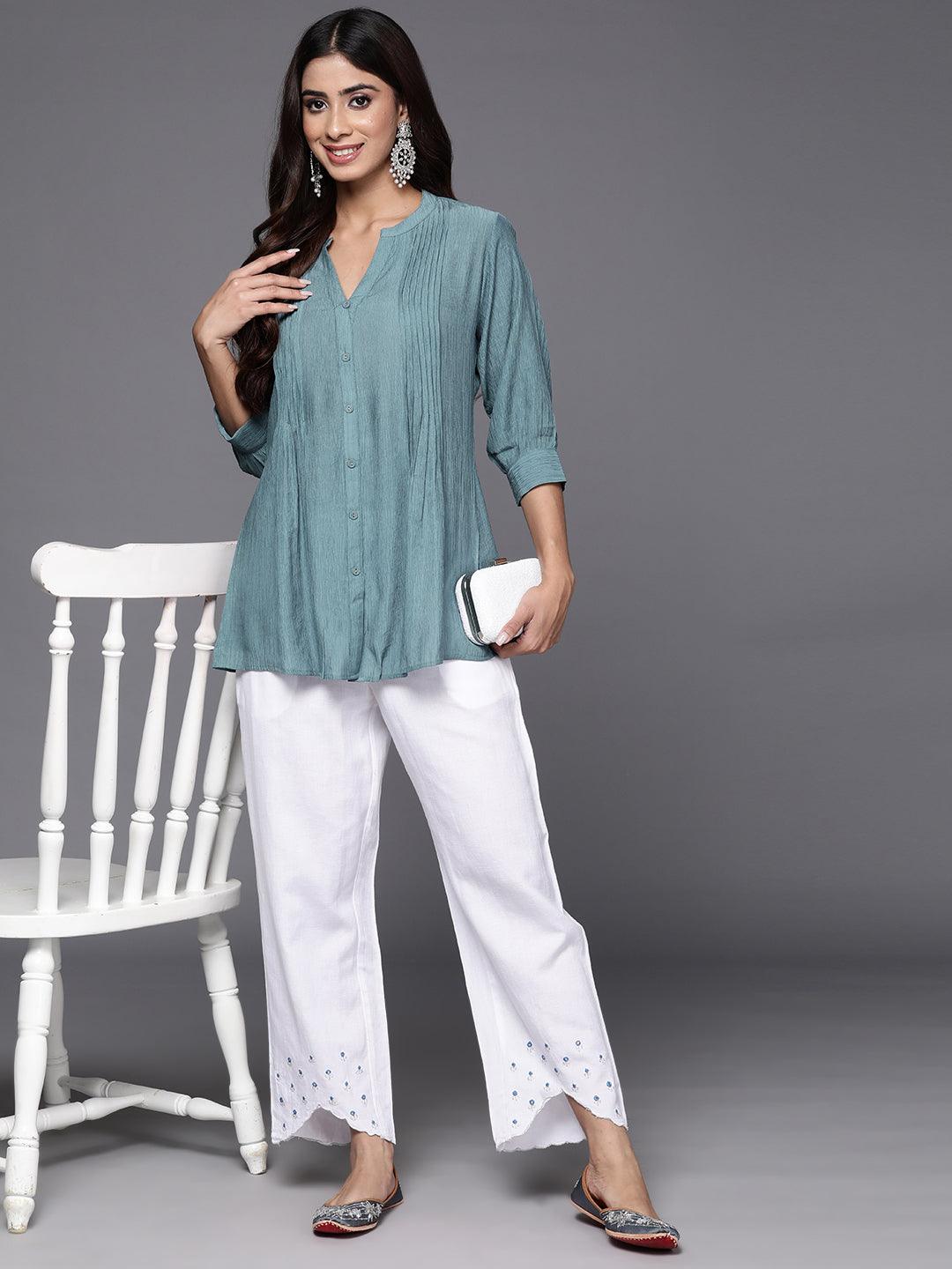 Grey Solid Cotton Blend A-Line Kurti - Jashvi