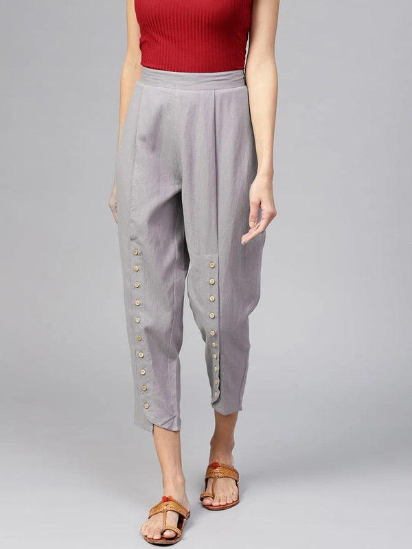 Grey Solid Cotton Trousers - Jashvi