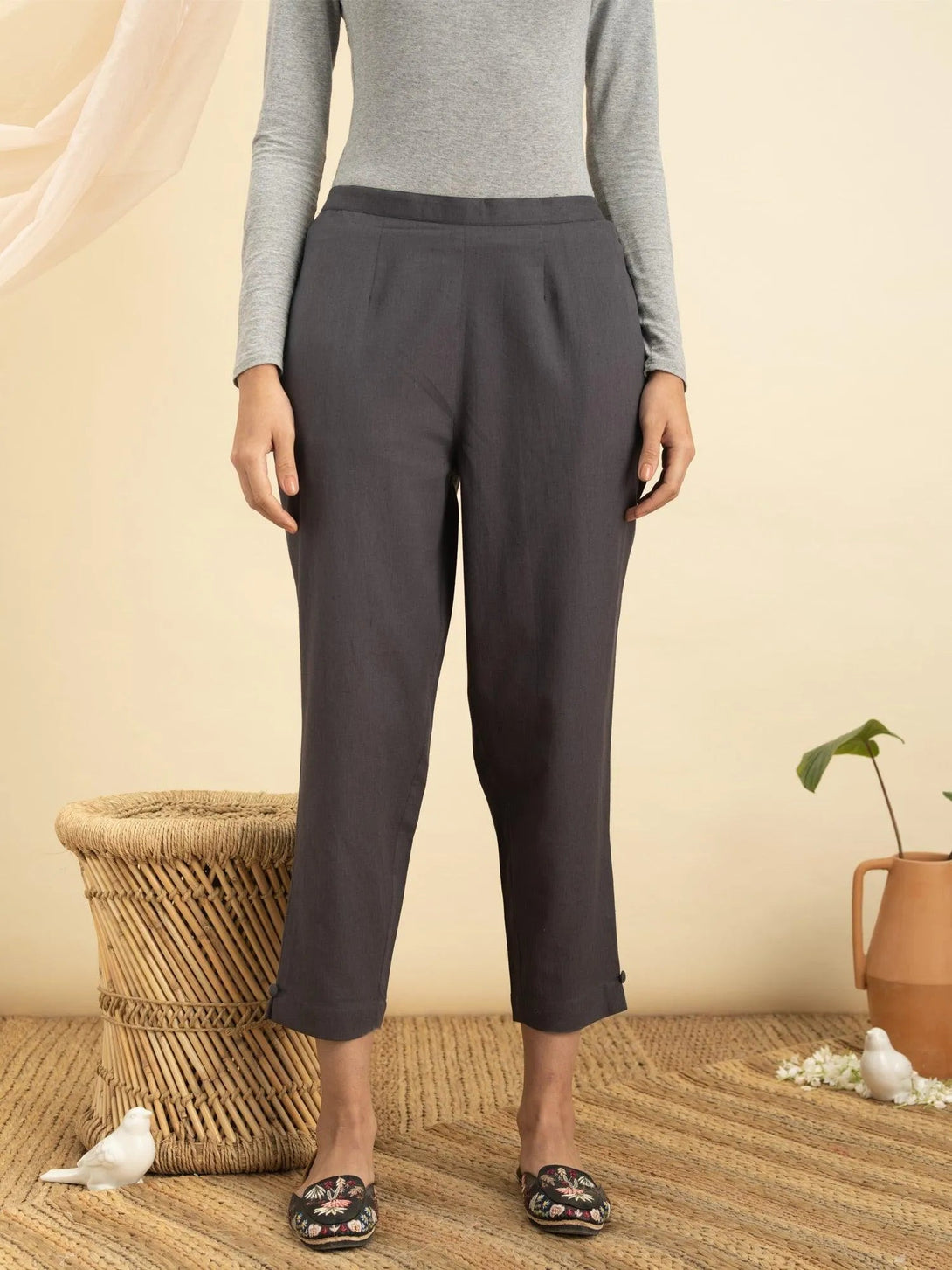 Grey Solid Cotton Trousers - Jashvi