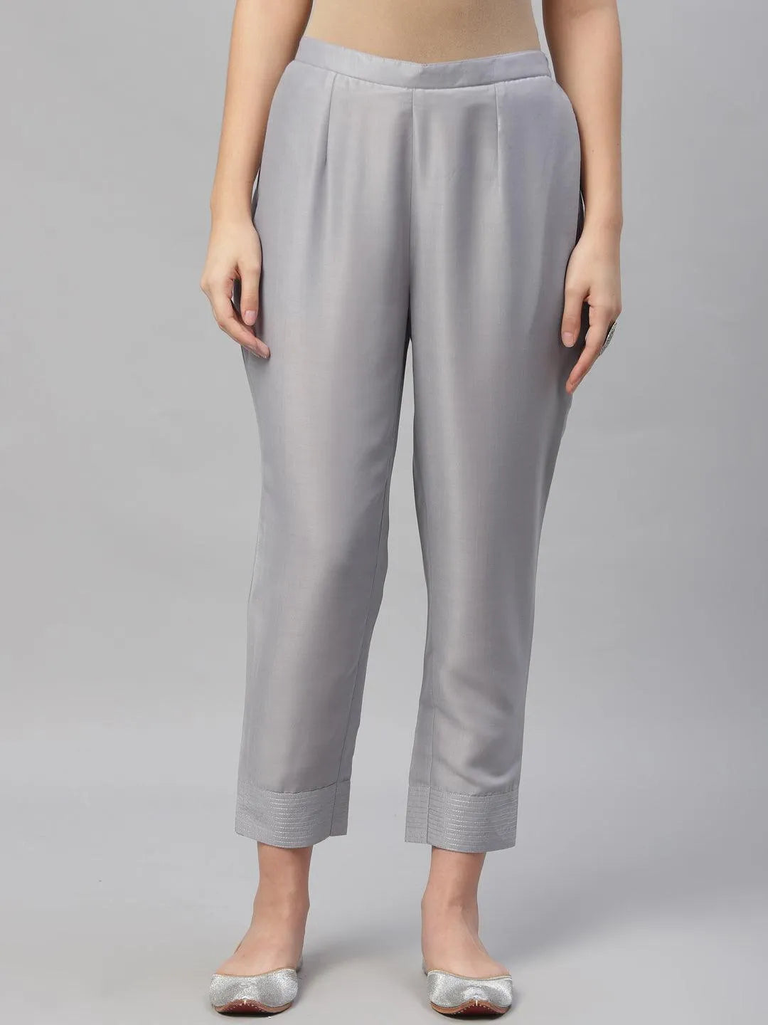 Grey Solid Crepe Trousers - Jashvi