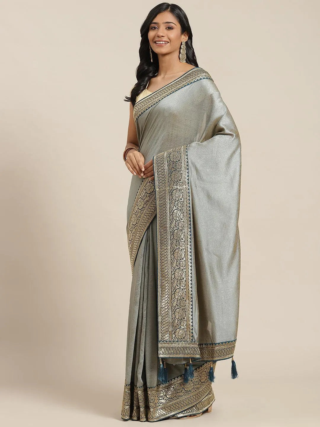 Grey Solid Silk Blend Saree - Jashvi