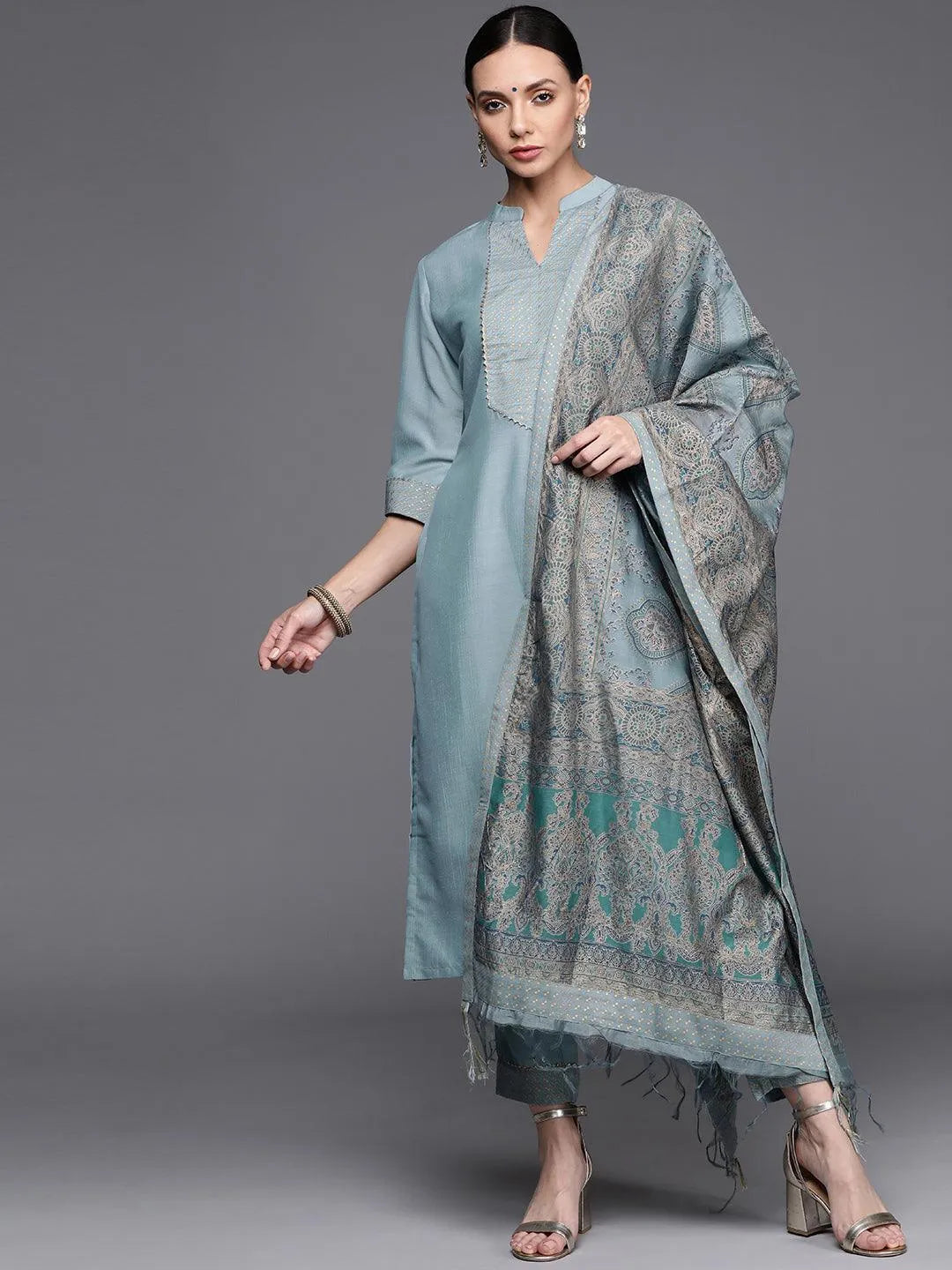 Grey Solid Silk Blend Suit Set - Jashvi