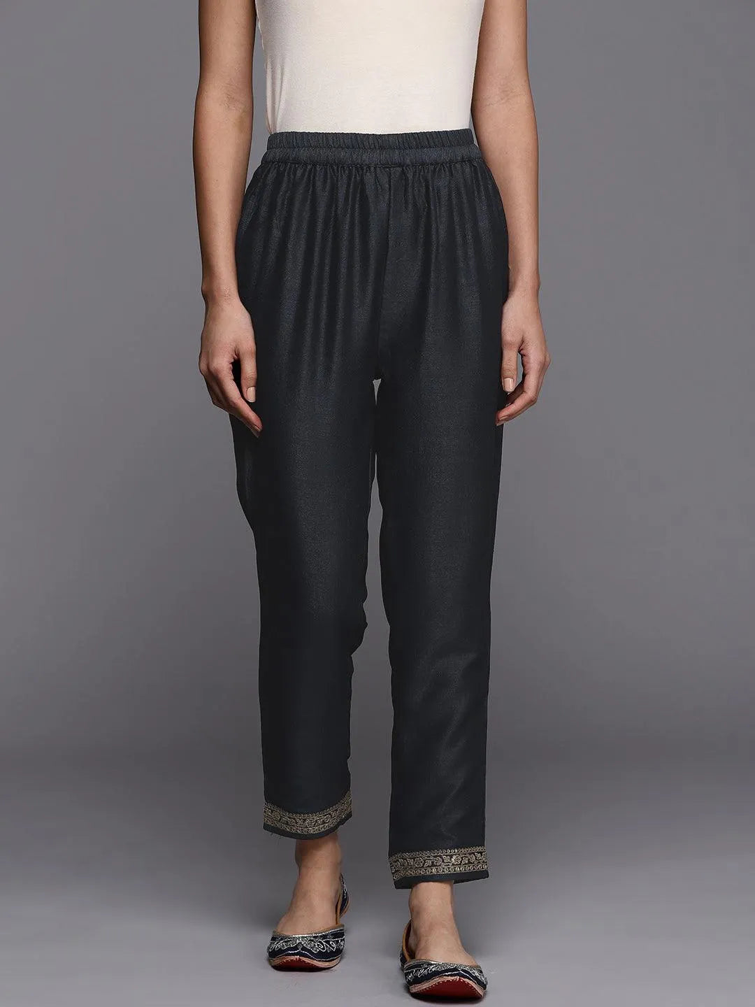 Grey Solid Silk Blend Trousers - Jashvi