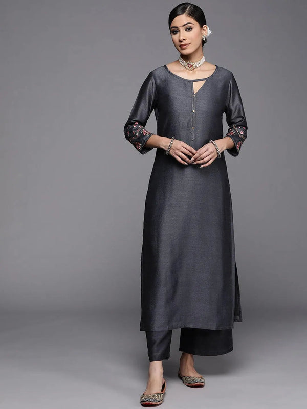 Grey Solid Silk Kurta - Jashvi