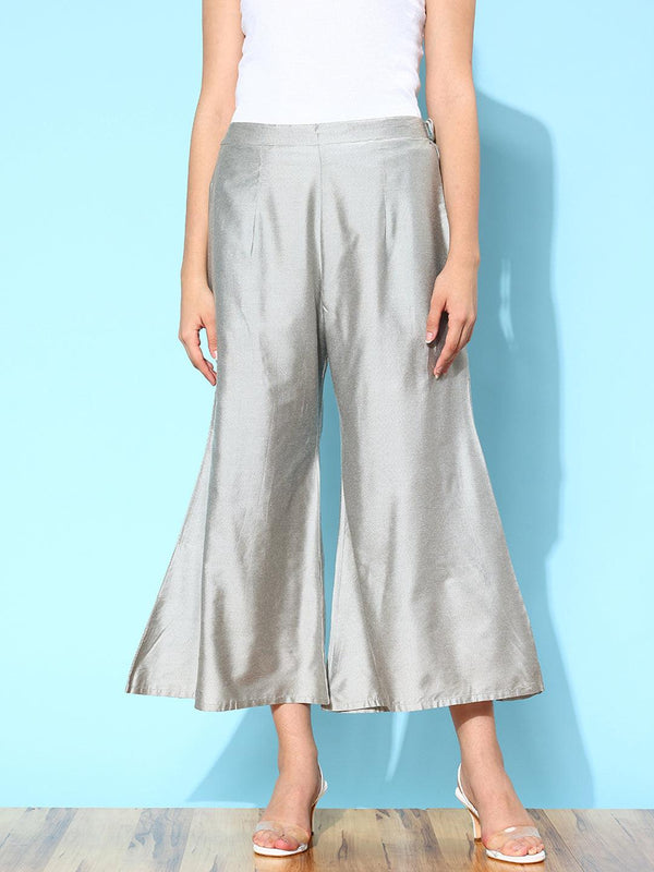 Grey Solid Silk Palazzos