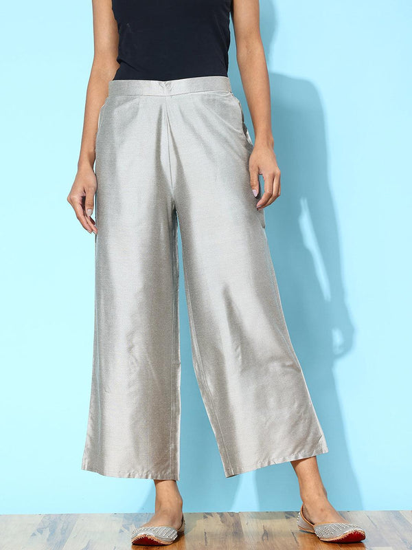 Grey Solid Silk Palazzos