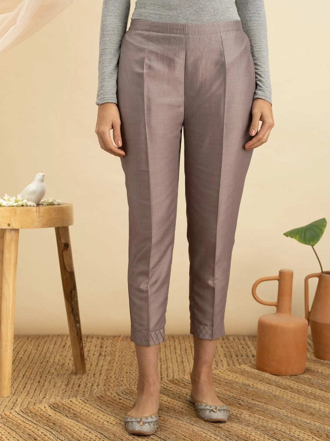 Grey Solid Silk Trousers - Jashvi