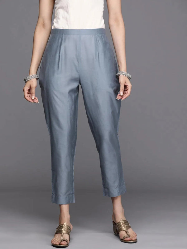 Grey Solid Silk Trousers - Jashvi