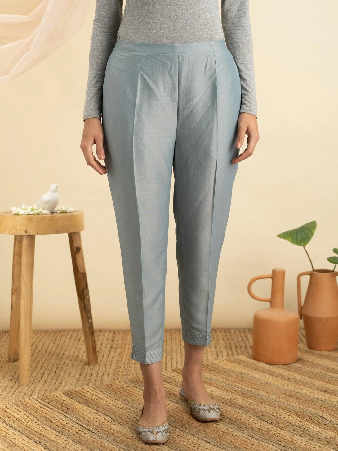 Grey Solid Silk Trousers - Jashvi