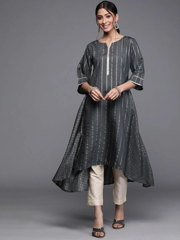 Grey Striped Chanderi Silk Kurta - Jashvi