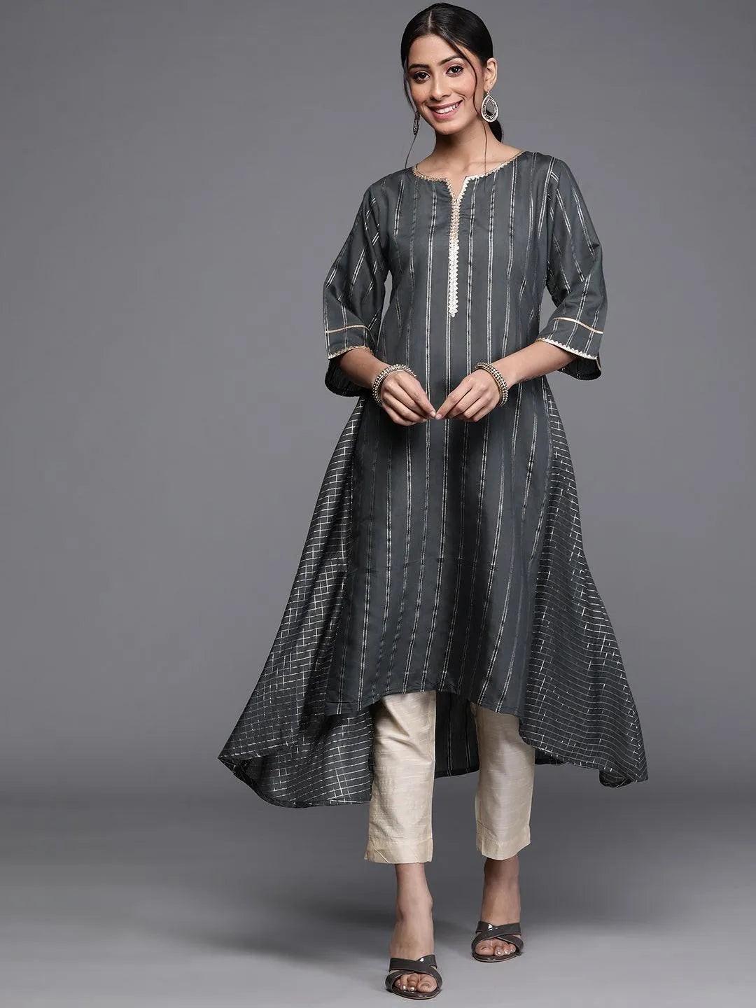 Grey Striped Chanderi Silk Kurta - Jashvi