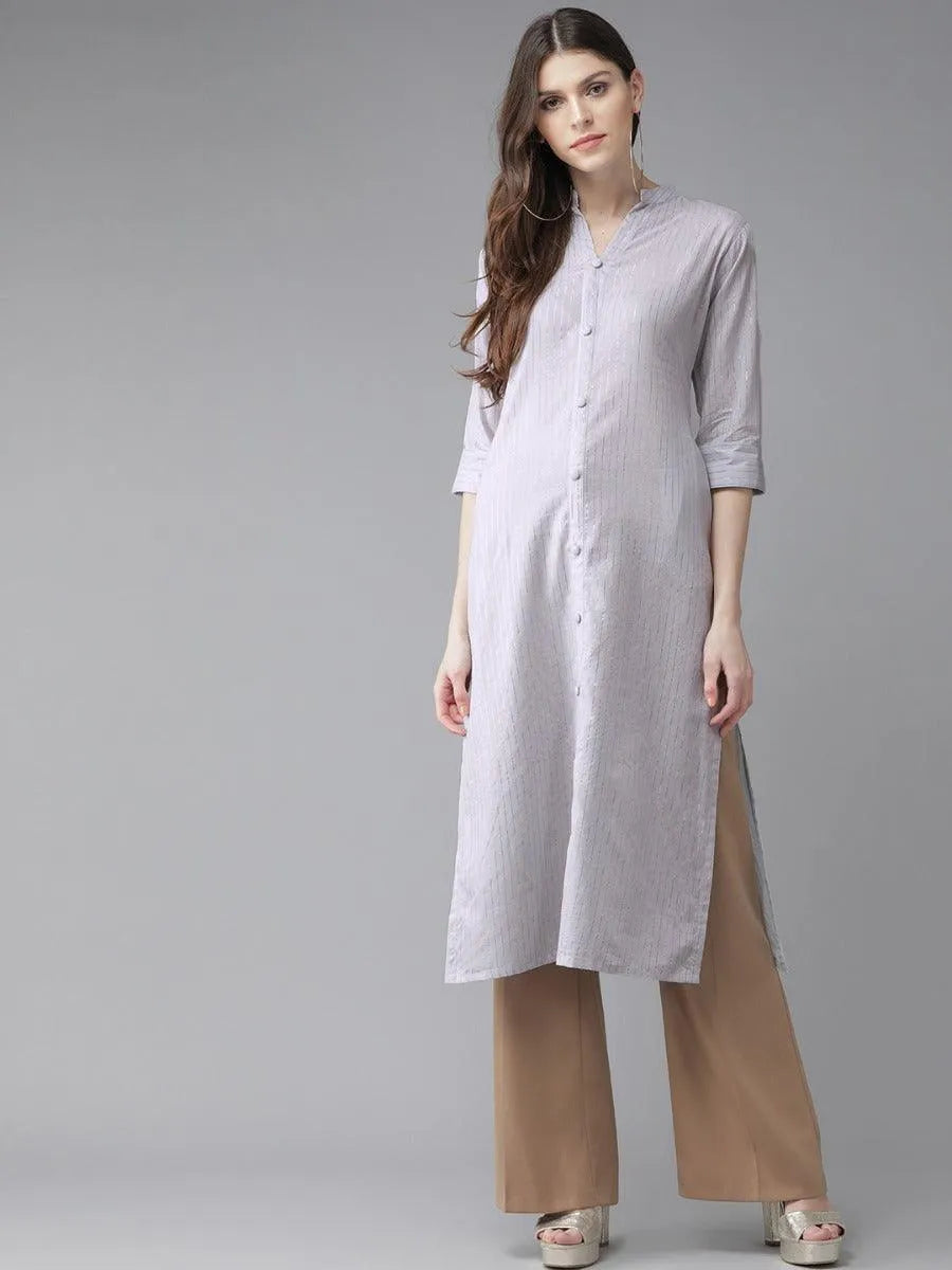 Grey Striped Cotton Kurta - Jashvi