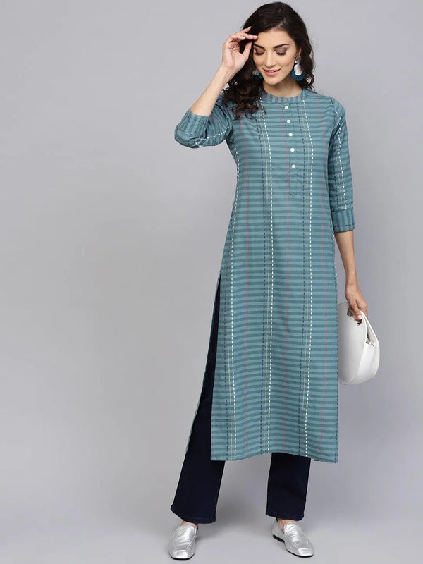 Grey Striped Cotton Kurta - Jashvi