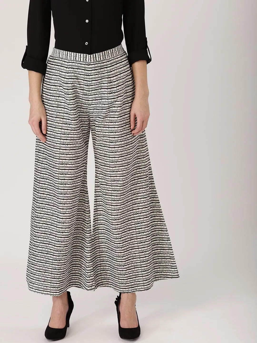 Grey Striped Cotton Palazzos - Jashvi