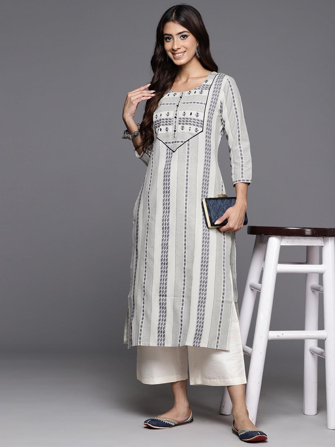 Grey Striped Cotton Straight Kurta - Jashvi