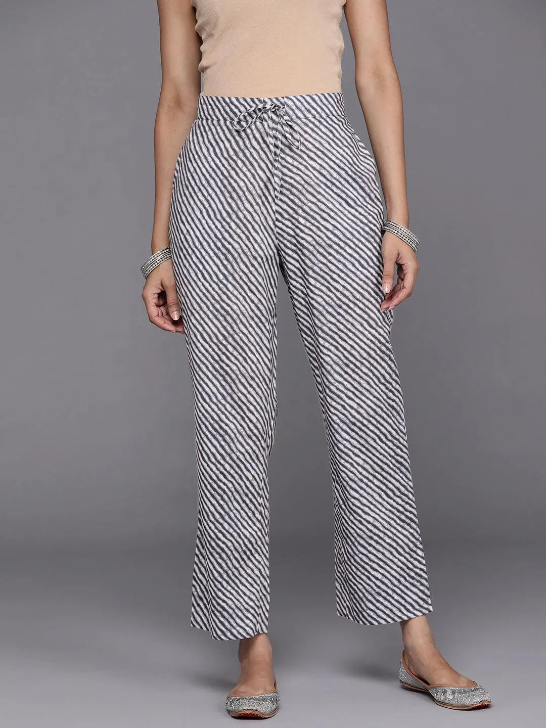 Grey Striped Cotton Trousers - Jashvi