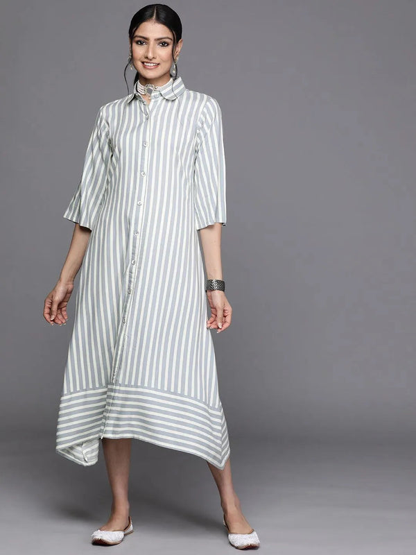 Grey Striped Rayon Dress - Jashvi