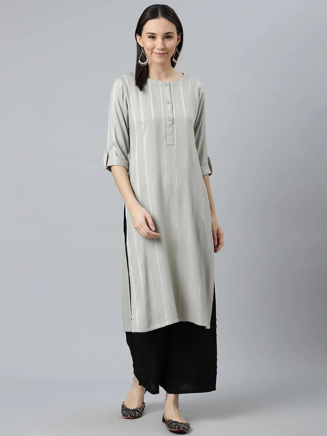 Grey Striped Rayon Kurta - Jashvi