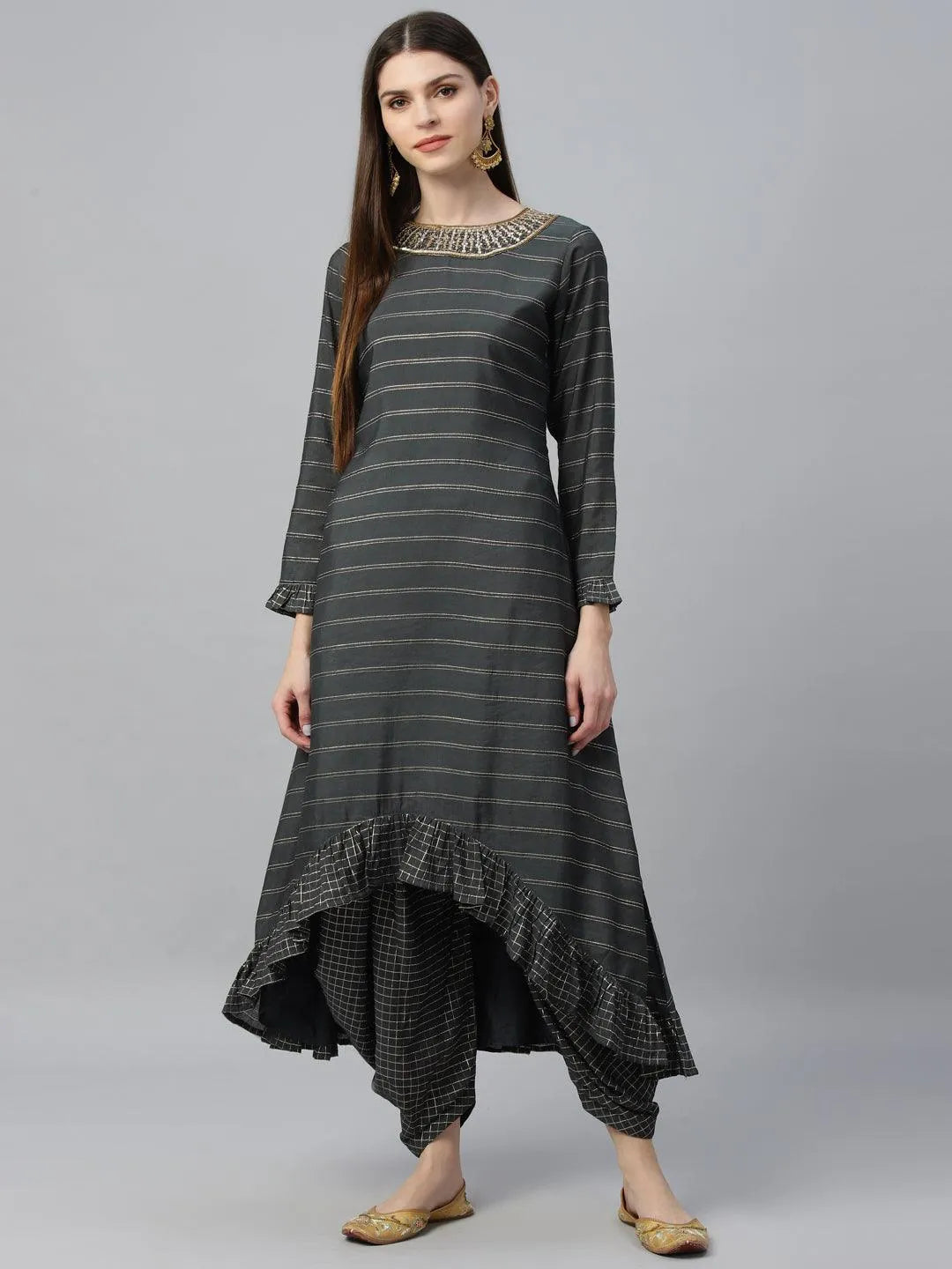 Grey Striped Shantoon Kurta Set - Jashvi