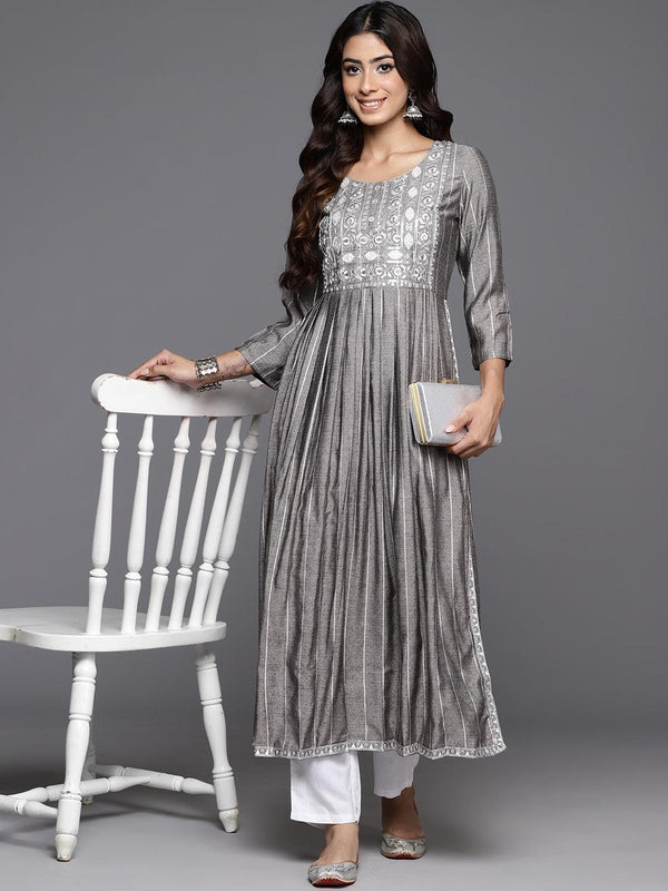 Grey Striped Silk A-Line Kurta - Jashvi