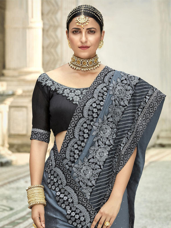 Women's Grey Stunning Embroidered Art Silk Saree - Odette