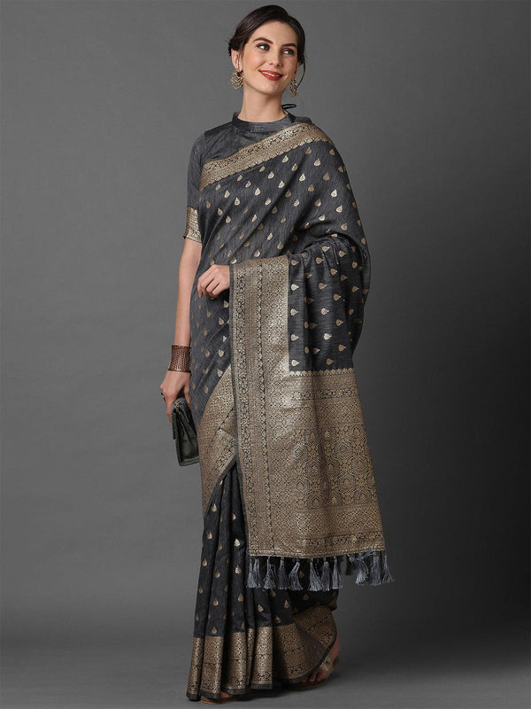 Women's Grey Wedding Silk Blend Woven Design Saree With Unstitched Blouse - Odette