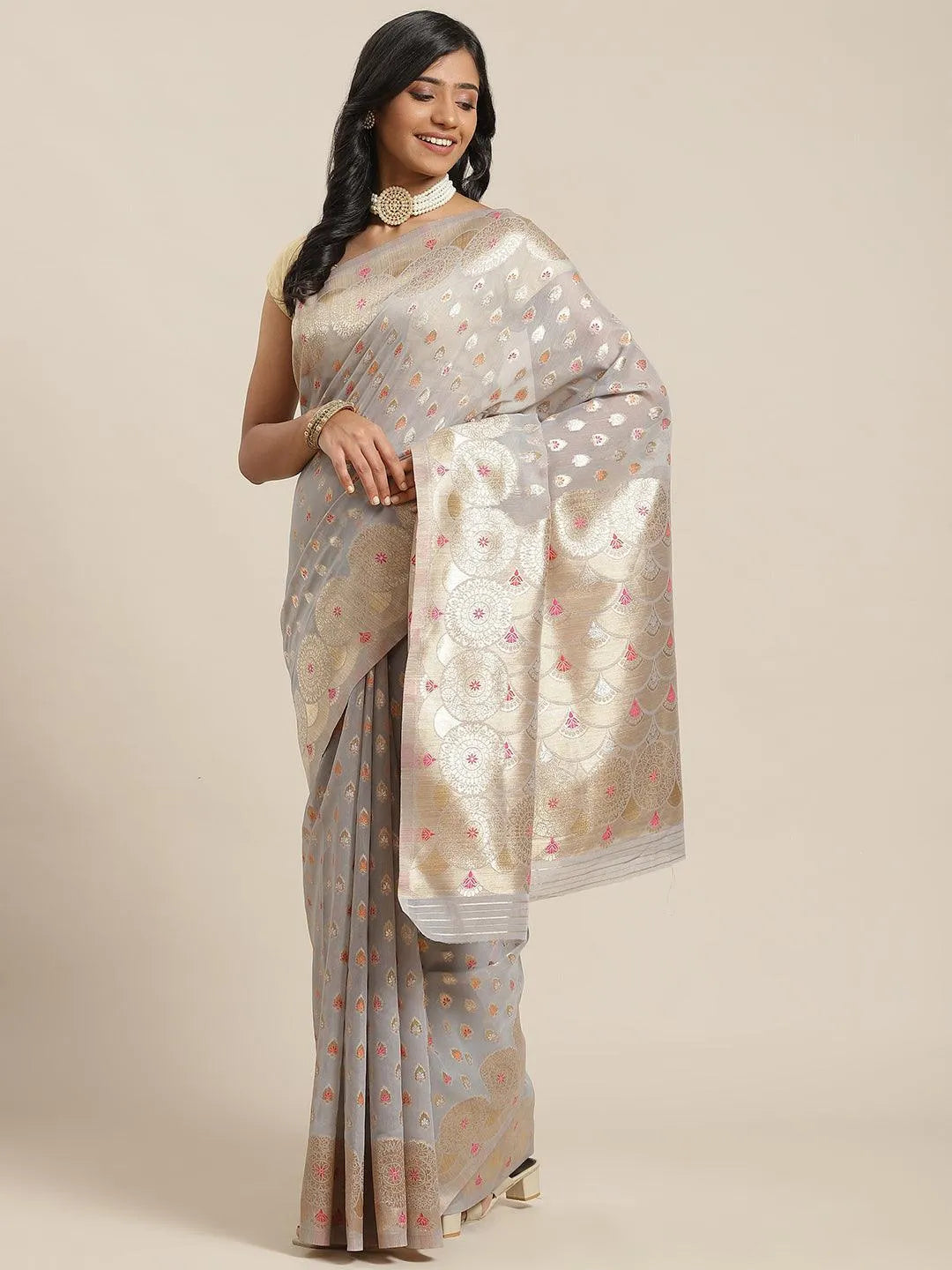 Grey Woven Design Brocade Saree - Jashvi