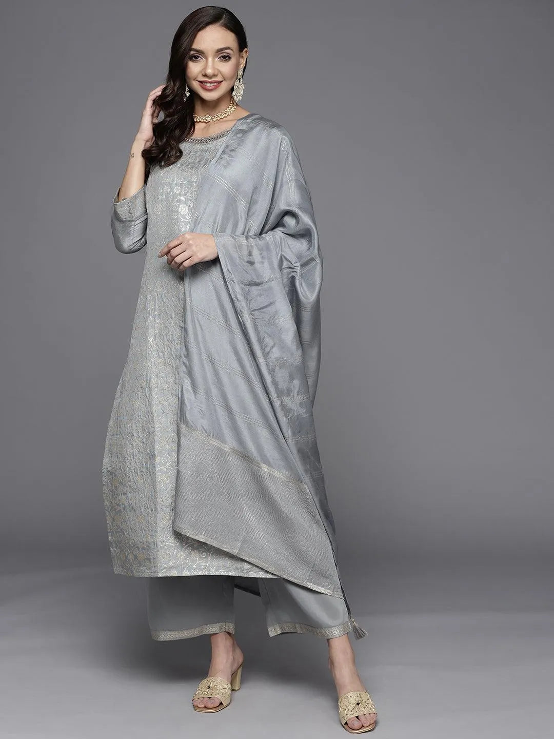 Grey Woven Design Silk Blend Straight Suit Set - Jashvi