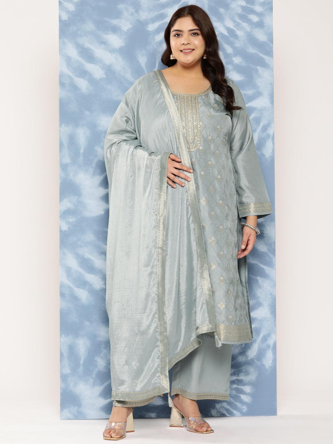 Grey Woven Design Silk Blend Straight Kurta With Trousers and Dupatta - Jashvi