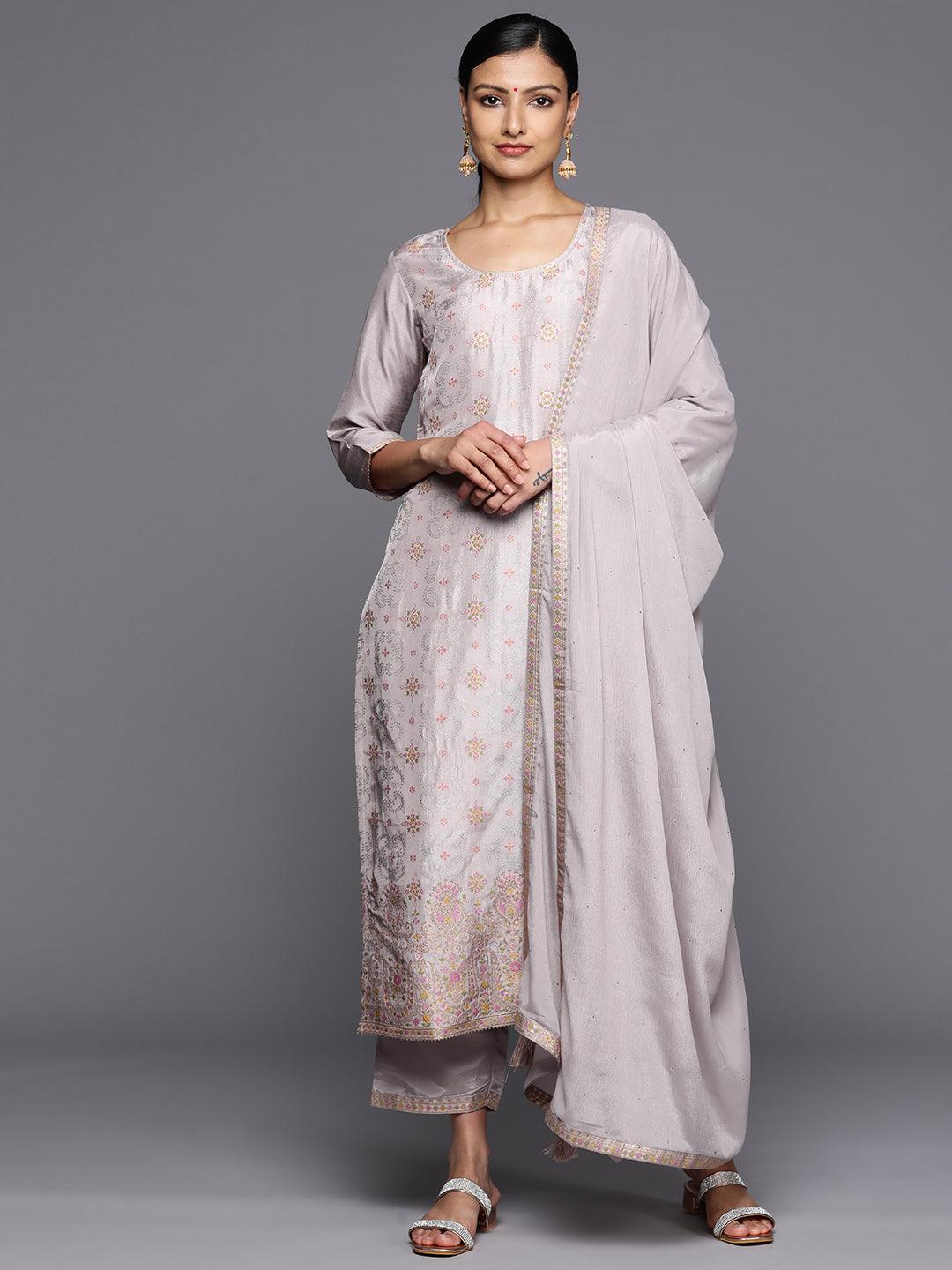 Grey Woven Design Silk Blend Straight Kurta With Trousers & Dupatta - Jashvi